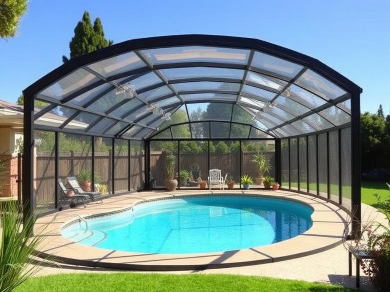 Abrigo telescópico transparente sobre uma piscina de jardim